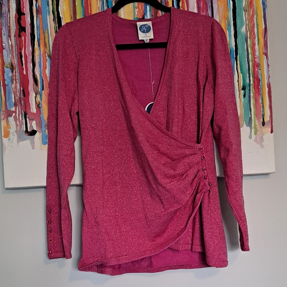 NWT DG2 pink sparkly faux wrap sweater with jewelled buttons, M
